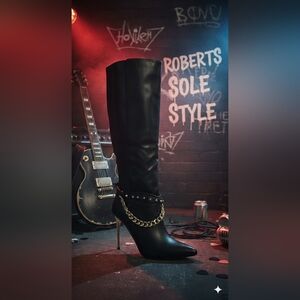 Black Vegan Leatger and Gold Chain Knee High Heels